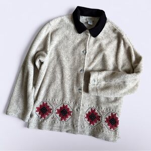 Vintage Teddi Cream Sherpa Jacket Shirt XL Red Embroidery Black Collar